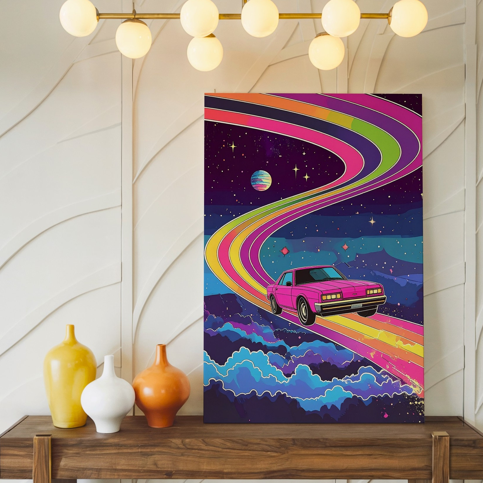 Winston Porter Wall Art Canvas Retro Pink Car On Rainbow Road